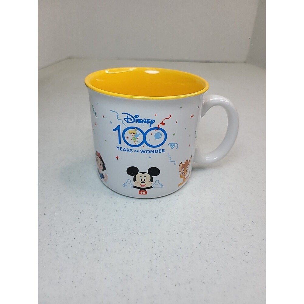 Disney 100 Years of Wonder White & Yellow Mug Mickey, Bambi, Snow White New